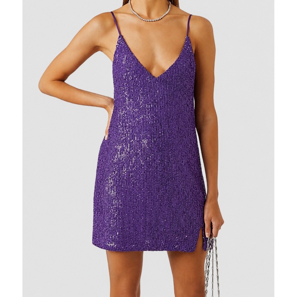 ITMFL Sequin Mini Dress Purple V-Neck Spaghetti Strap Party y2k Oversized Small